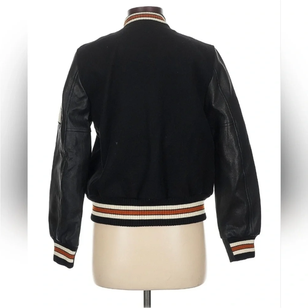 COACH Black Wool & Leather Patch Jacket, Stadium Style,Size XS